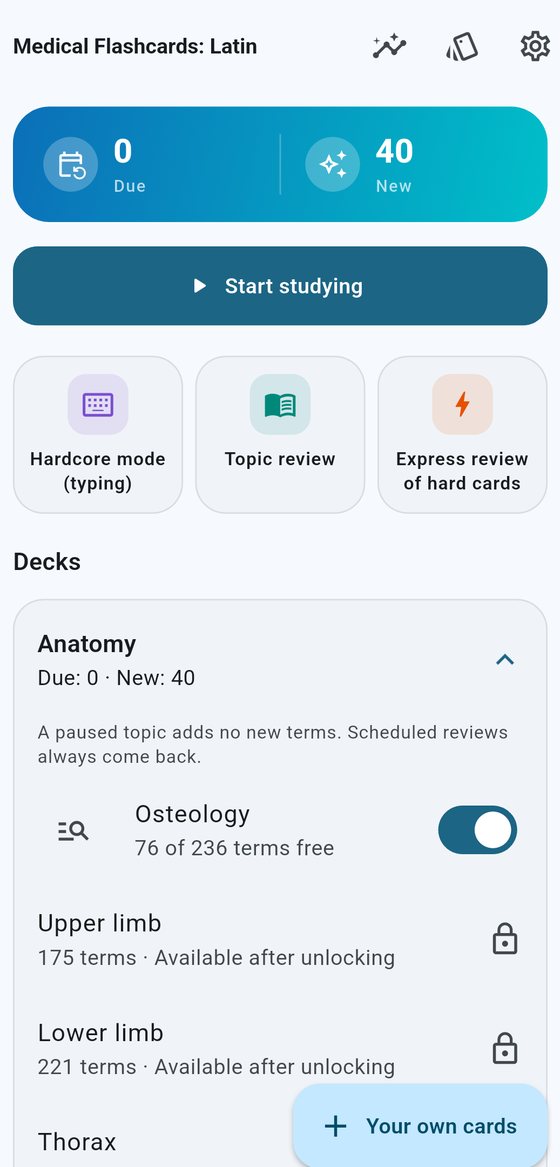 Home screen of Medical Flashcards: Latin, with due and new counters, the Start studying button and the list of topics