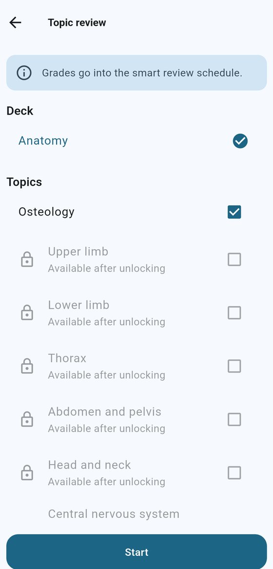 Topic review: choosing the deck and the topics to sweep through before an exam