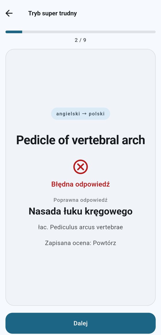 Tryb super trudny: wpisana błędna odpowiedź, poprawna forma i zapisana ocena Powtórz